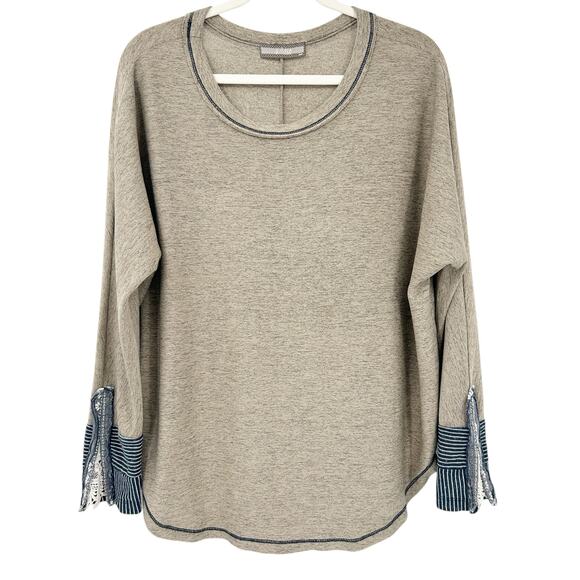 Addie Womens Fall Lagenlook Oversized Striped Lace Crochet Cuff Top Size S Tan - Picture 1 of 7